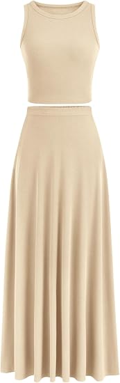 C26 - PRETTYGARDEN Women's 2 Piece Maxi Skirt Sets Casual Summer Knit Cropped Tank Top High Waisted Long Skirts Outfit
