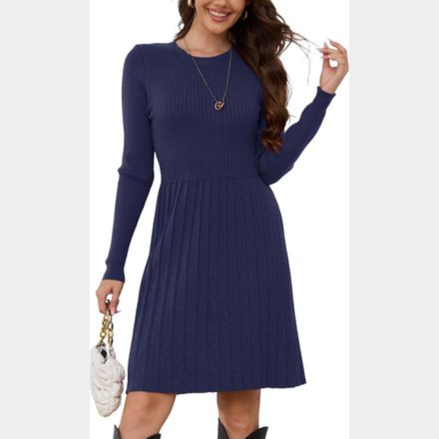 C36 - JAYSCREATE WOMEN'S BUSINESS CASUAL SWEATER DRESS FALL WINTER HIGH WAIST LONG SLEEVE CREW NECK PLEATED DRESS BLUE