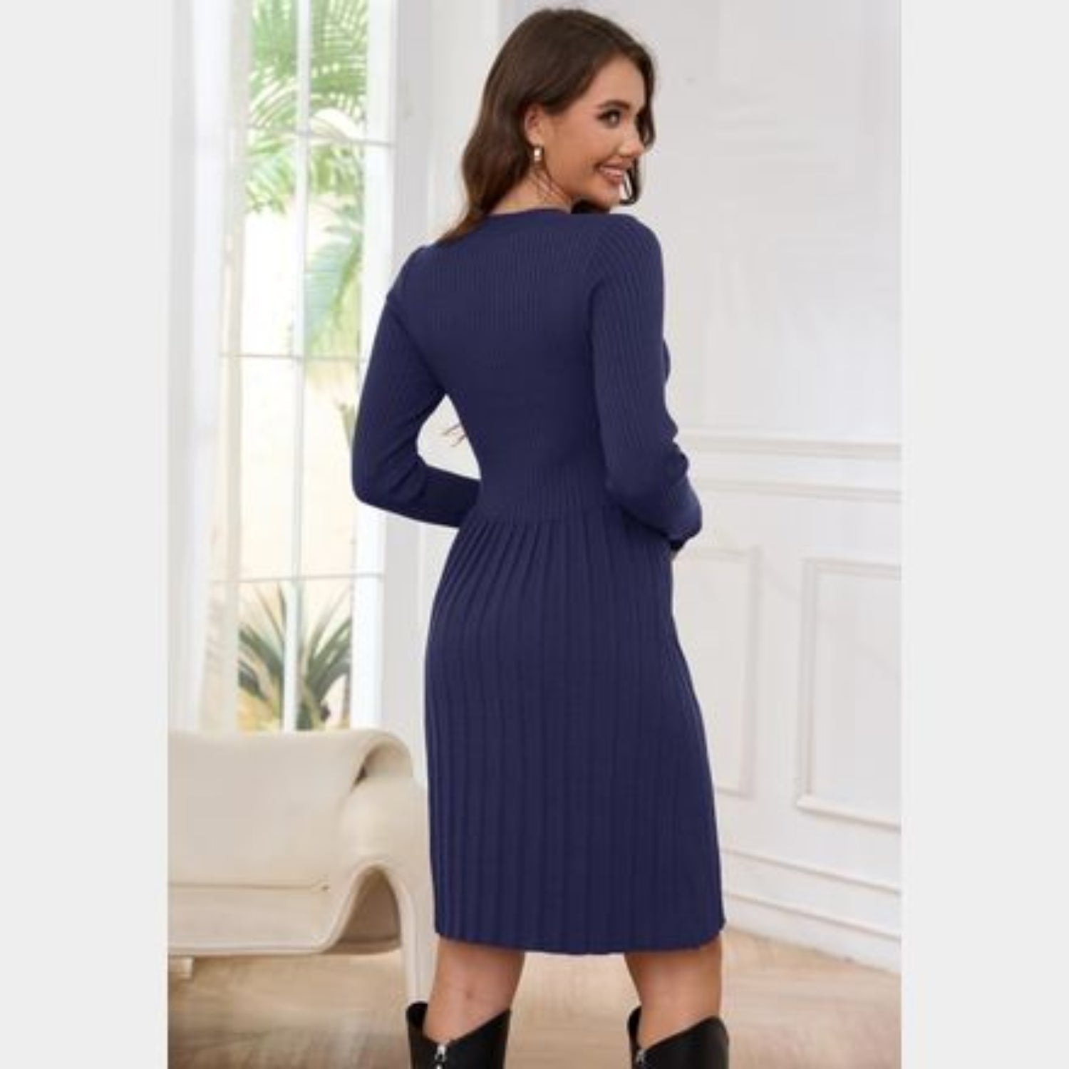 C36 - JAYSCREATE WOMEN'S BUSINESS CASUAL SWEATER DRESS FALL WINTER HIGH WAIST LONG SLEEVE CREW NECK PLEATED DRESS BLUE
