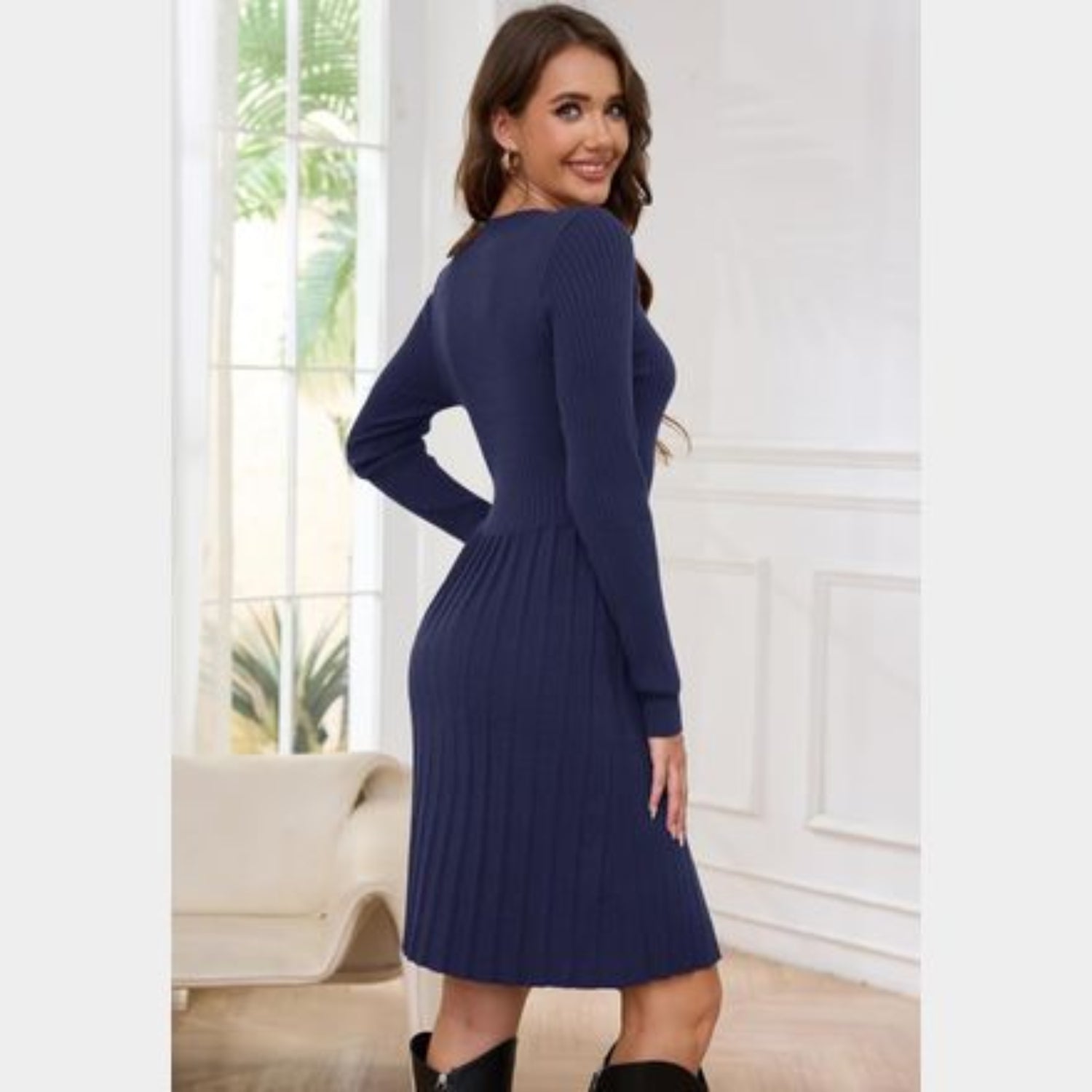C36 - JAYSCREATE WOMEN'S BUSINESS CASUAL SWEATER DRESS FALL WINTER HIGH WAIST LONG SLEEVE CREW NECK PLEATED DRESS BLUE