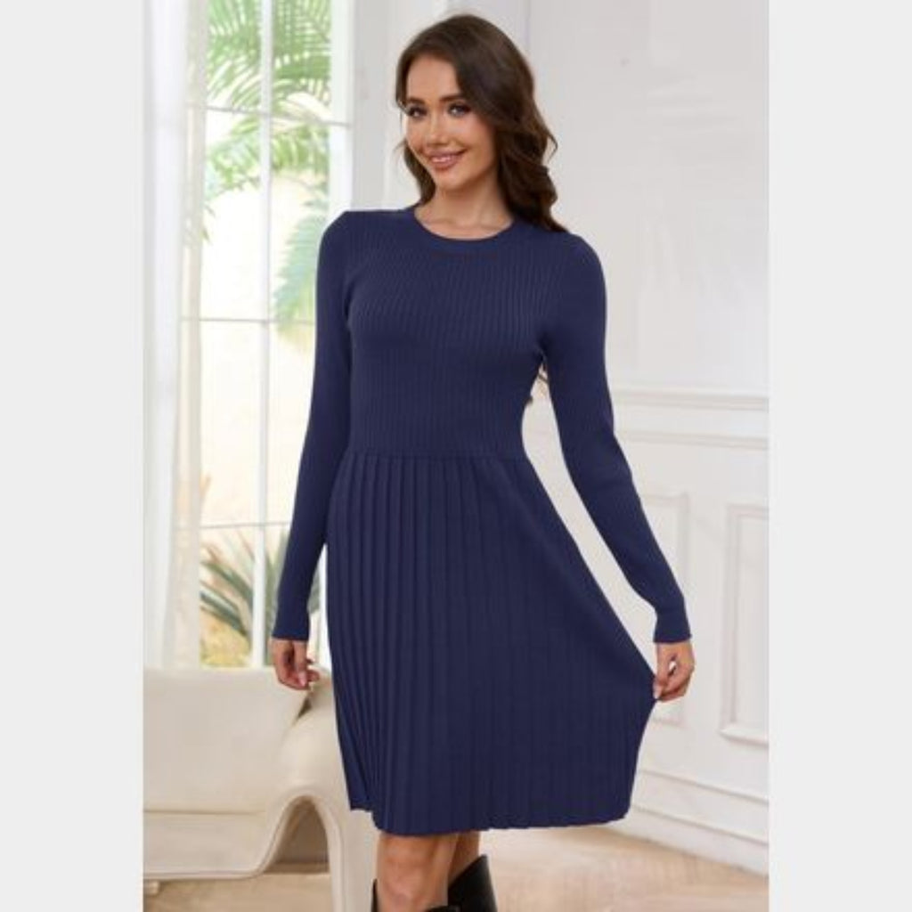 C36 - JAYSCREATE WOMEN'S BUSINESS CASUAL SWEATER DRESS FALL WINTER HIGH WAIST LONG SLEEVE CREW NECK PLEATED DRESS BLUE