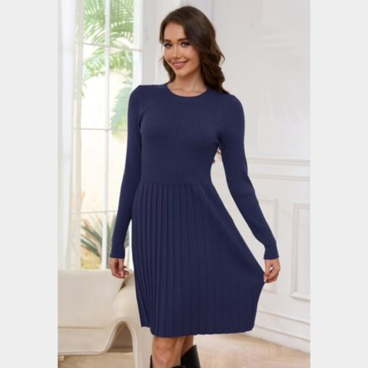 C36 - JAYSCREATE WOMEN'S BUSINESS CASUAL SWEATER DRESS FALL WINTER HIGH WAIST LONG SLEEVE CREW NECK PLEATED DRESS BLUE