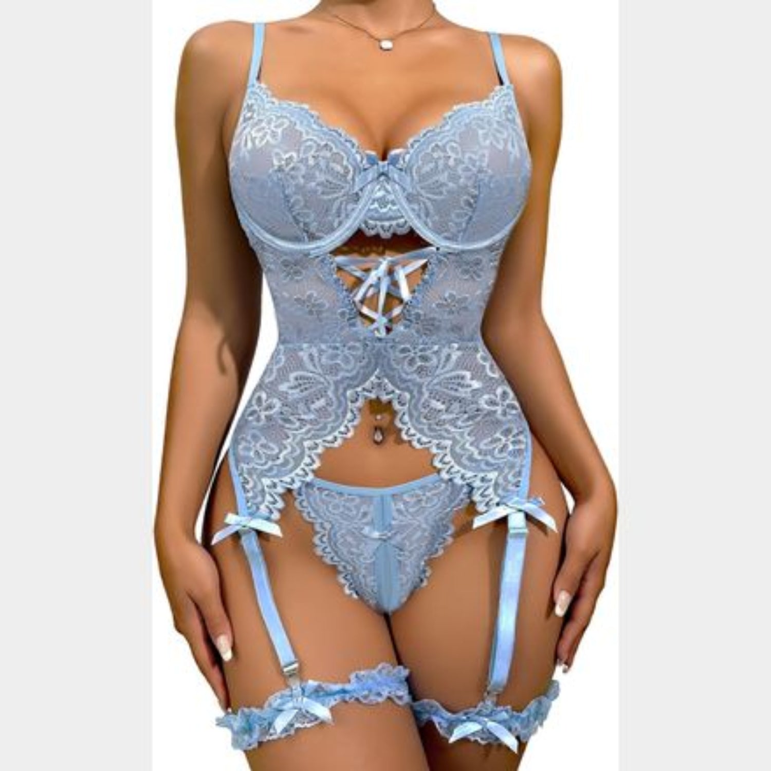 C33 - Floral Lace Underwire Garter Corset Lingerie Set With 1pair Leg Ring
