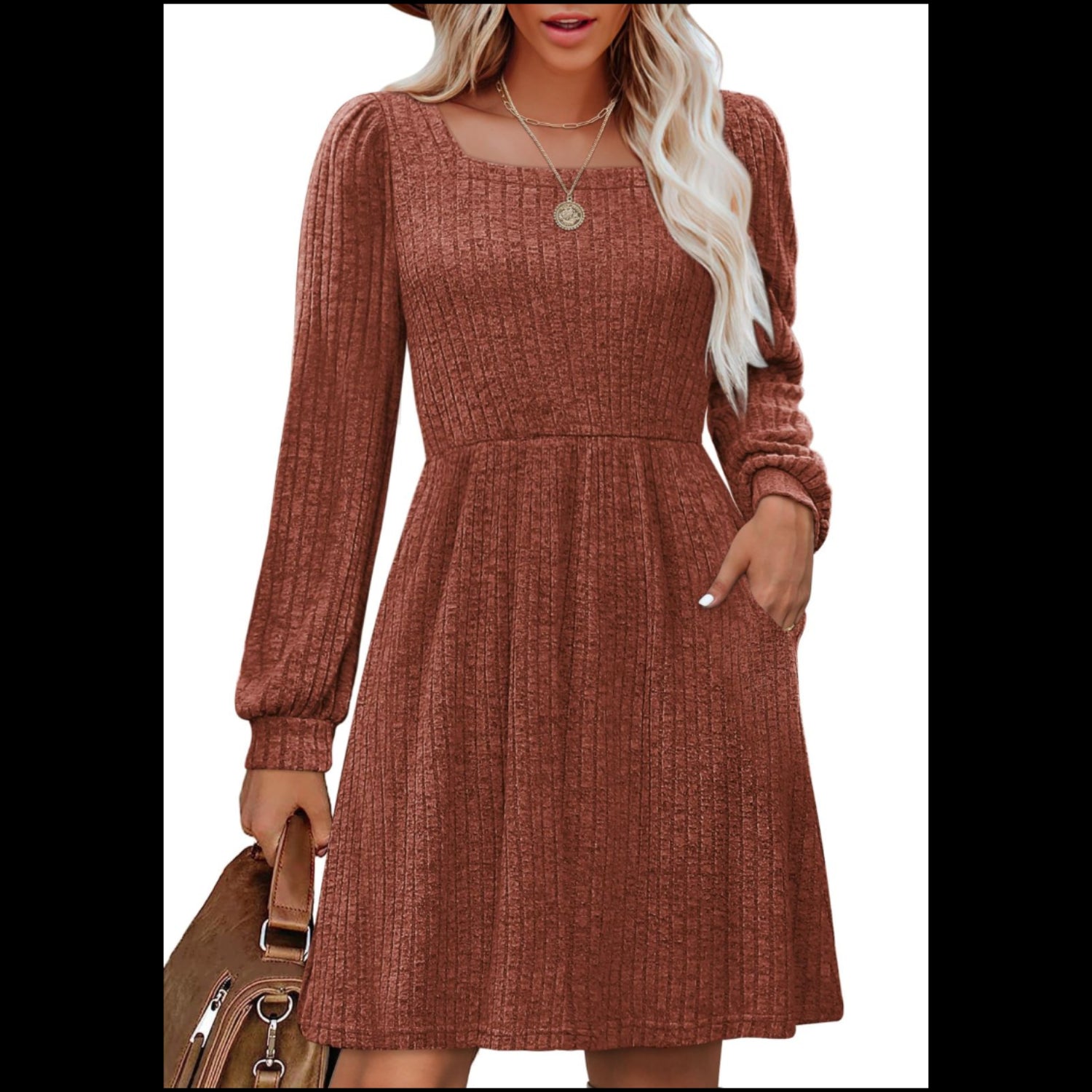C25 - Jescakoo Fall Sweater Dresses Women - Women Long Sleeve Dress Square Neck Casual Babydoll Dress with Pockets