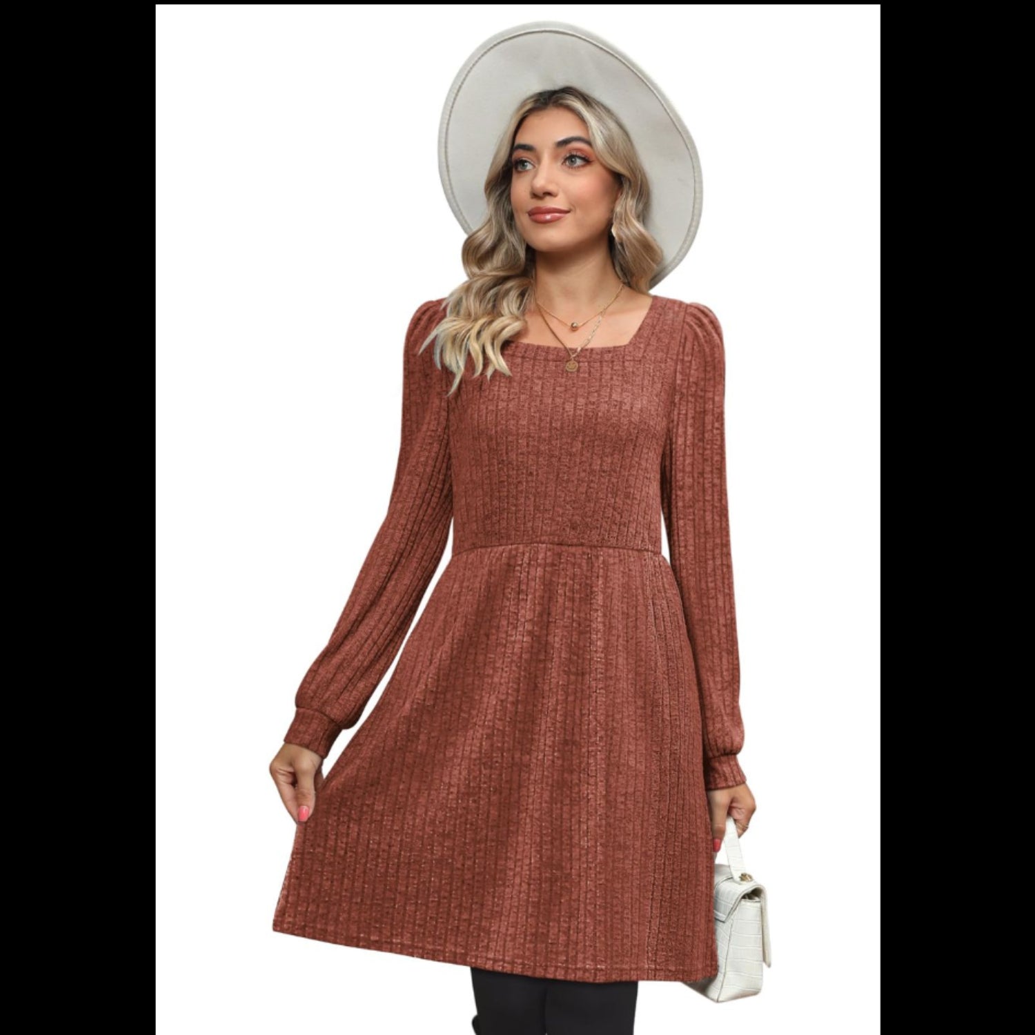C25 - Jescakoo Fall Sweater Dresses Women - Women Long Sleeve Dress Square Neck Casual Babydoll Dress with Pockets