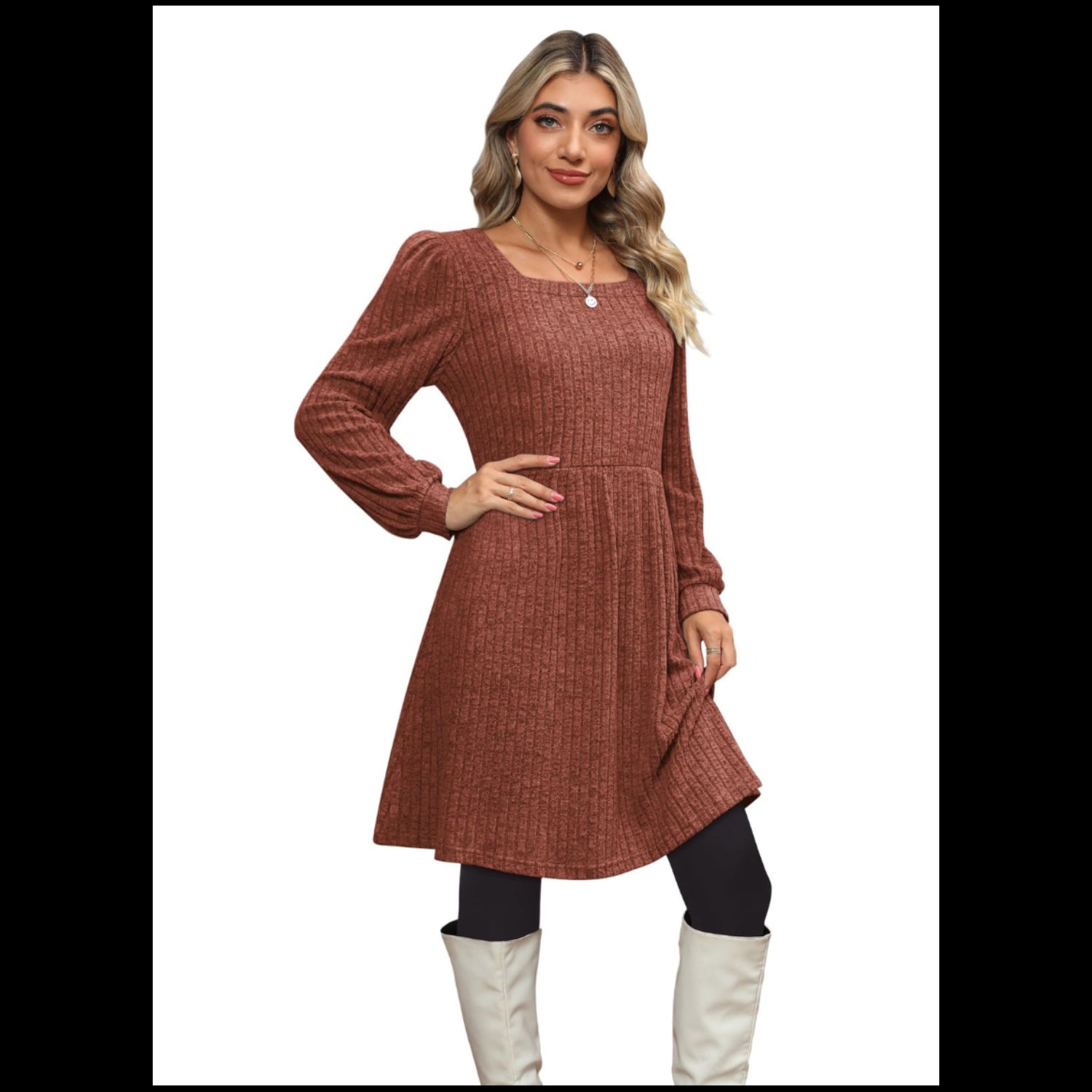 C25 - Jescakoo Fall Sweater Dresses Women - Women Long Sleeve Dress Square Neck Casual Babydoll Dress with Pockets