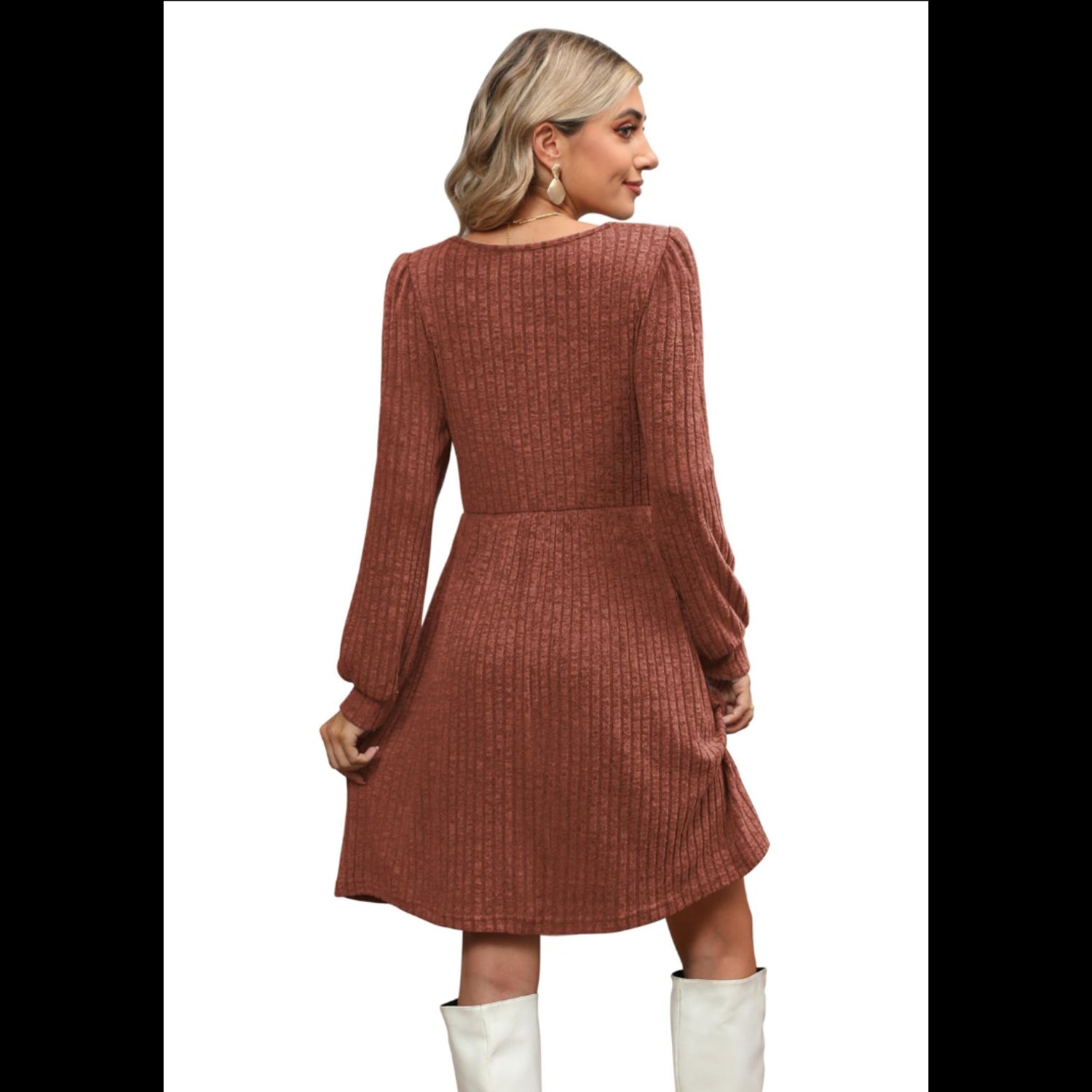 C25 - Jescakoo Fall Sweater Dresses Women - Women Long Sleeve Dress Square Neck Casual Babydoll Dress with Pockets