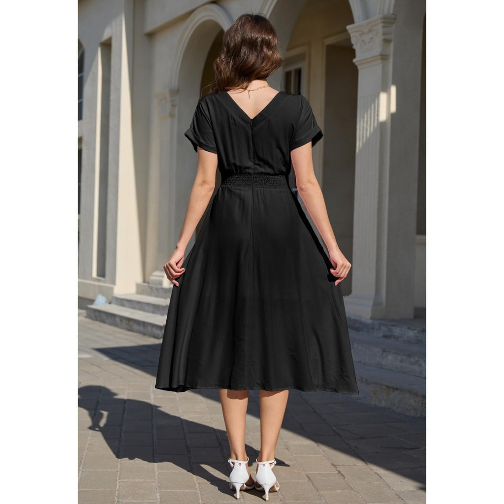 C27 - Jayscreate Women's Summer Dresses Trendy V Neck Boho A-Line Wedding Guest Midi Long Dress for Women Vintage