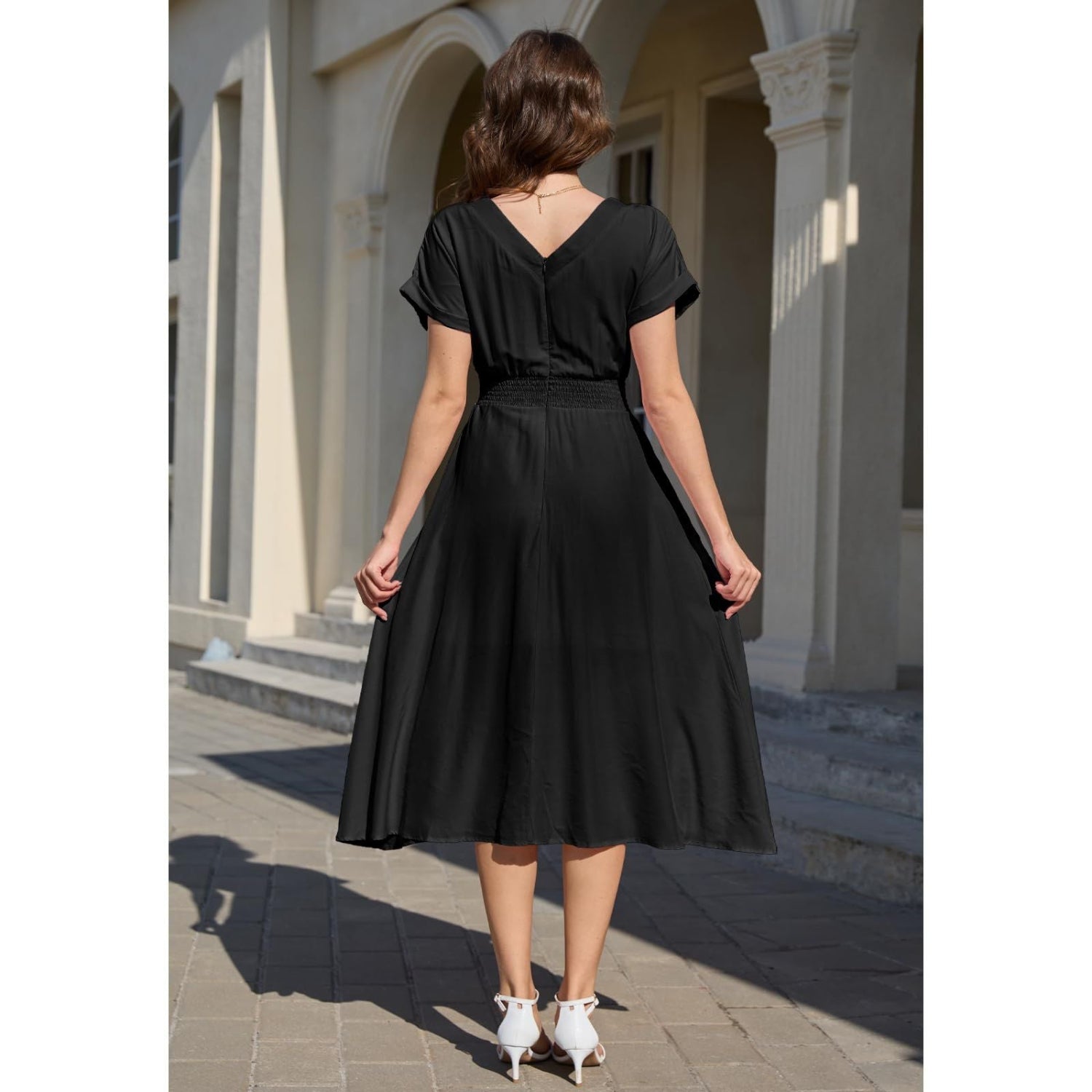 C27 - Jayscreate Women's Summer Dresses Trendy V Neck Boho A-Line Wedding Guest Midi Long Dress for Women Vintage