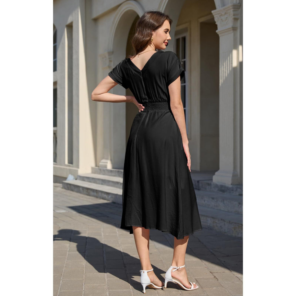 C27 - Jayscreate Women's Summer Dresses Trendy V Neck Boho A-Line Wedding Guest Midi Long Dress for Women Vintage