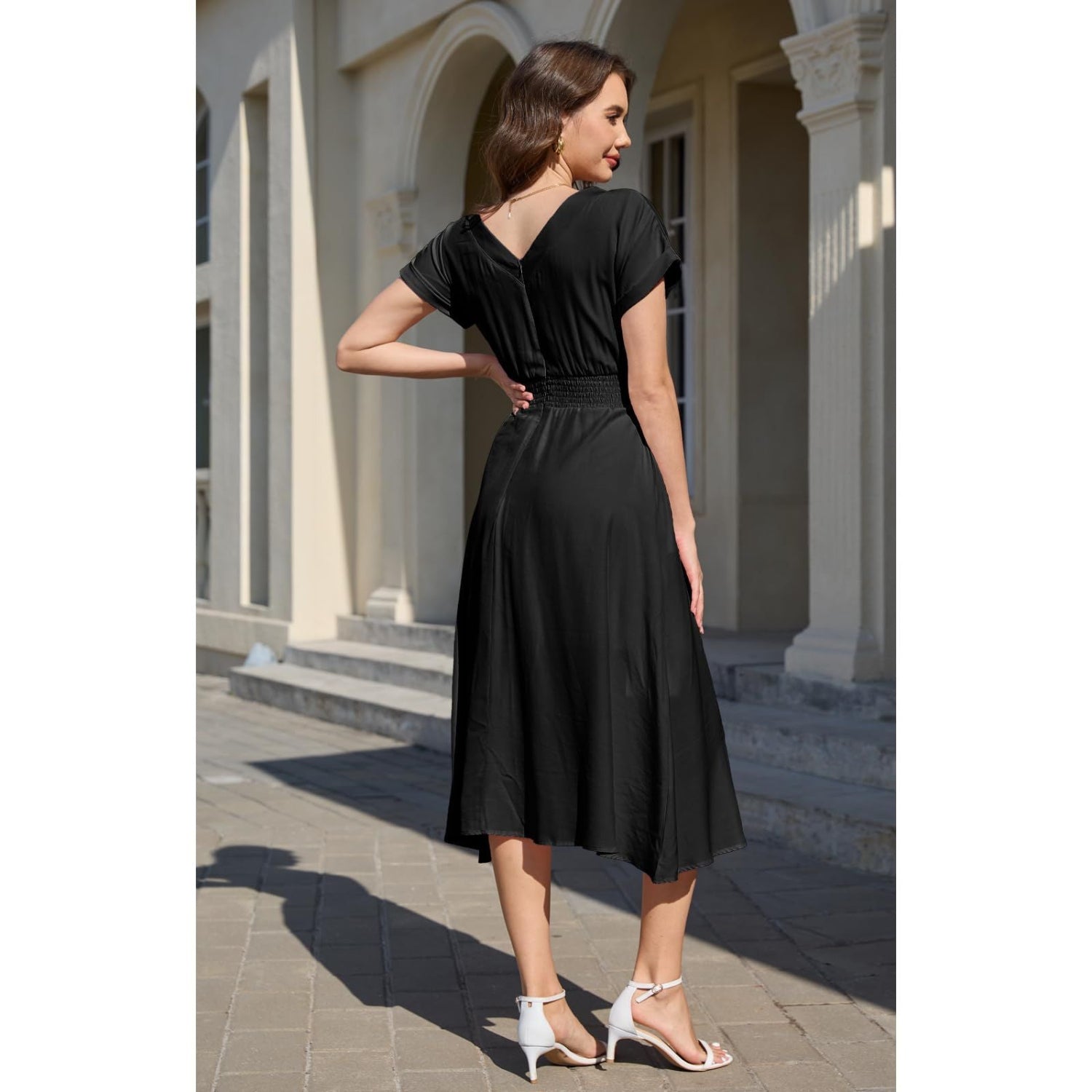 C27 - Jayscreate Women's Summer Dresses Trendy V Neck Boho A-Line Wedding Guest Midi Long Dress for Women Vintage