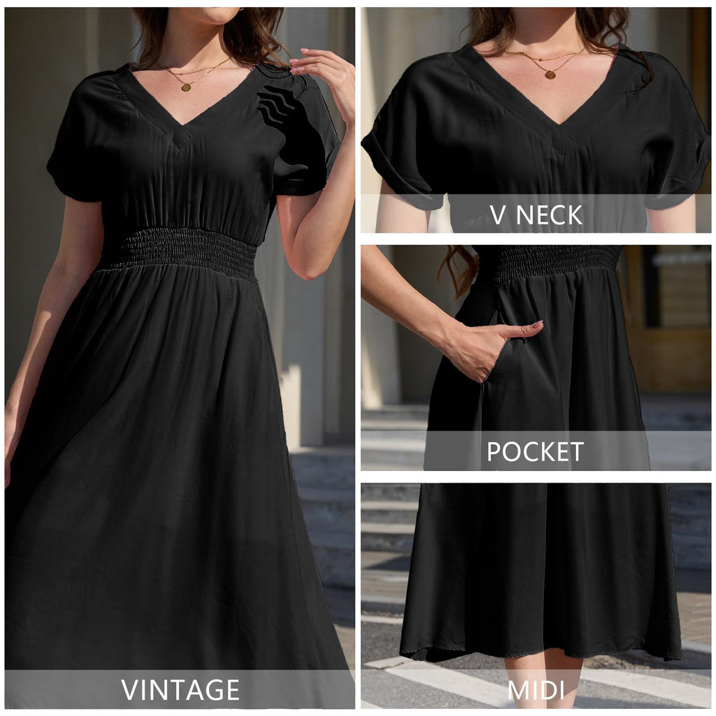 C27 - Jayscreate Women's Summer Dresses Trendy V Neck Boho A-Line Wedding Guest Midi Long Dress for Women Vintage