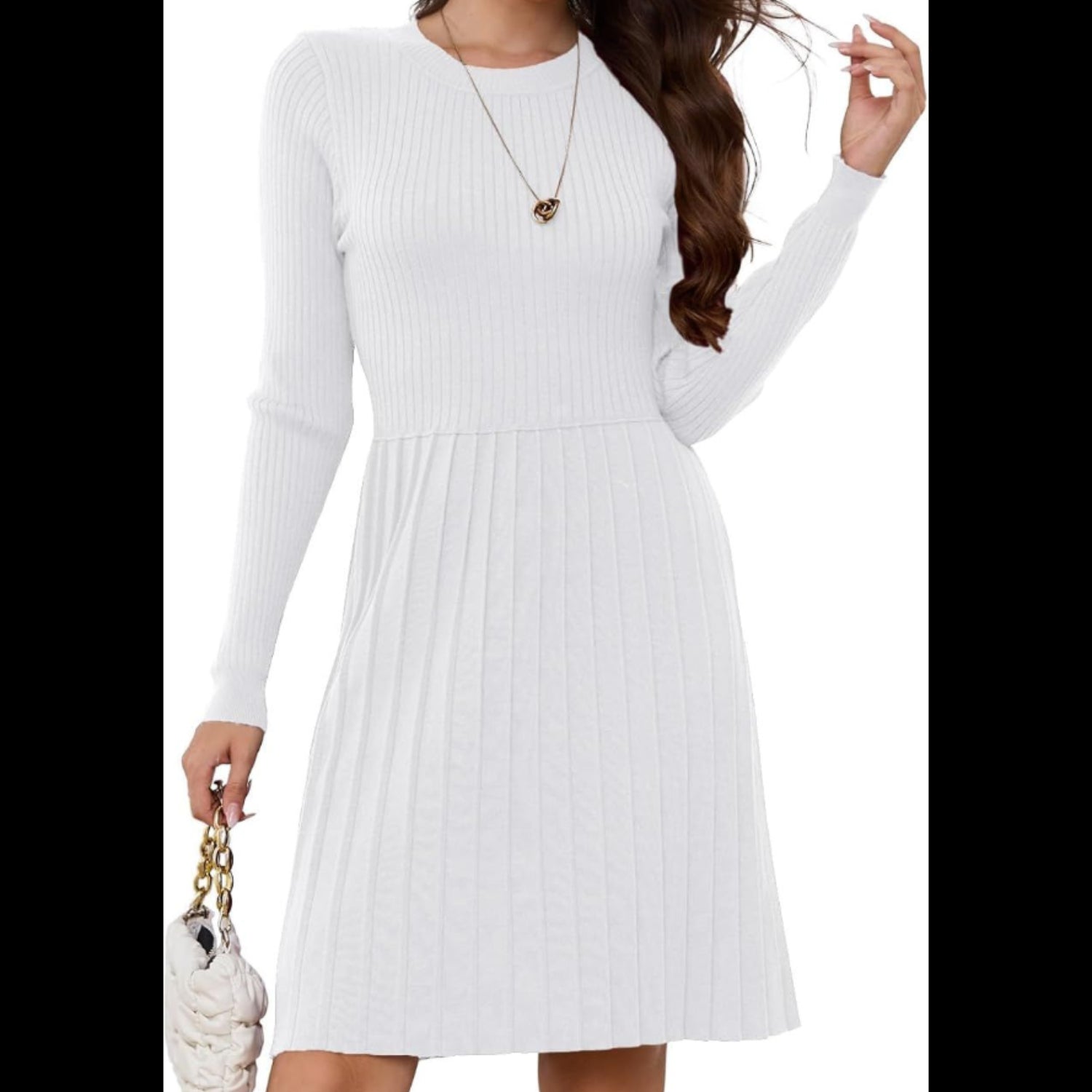 C24 - Jayscreate Women's Business Casual Sweater Dress Fall Winter High Waist Long Sleeve Crew Neck Pleated Dress