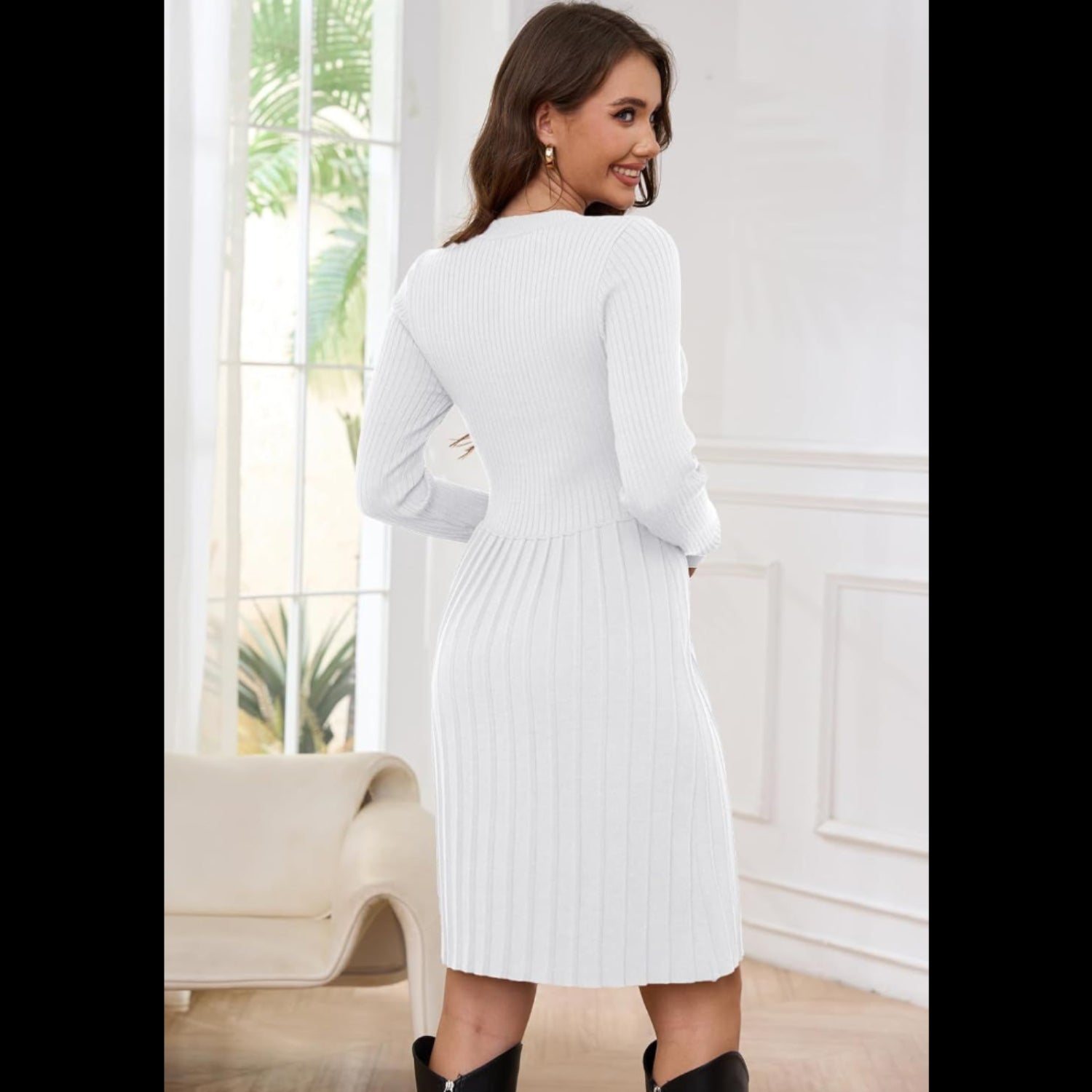 C24 - Jayscreate Women's Business Casual Sweater Dress Fall Winter High Waist Long Sleeve Crew Neck Pleated Dress