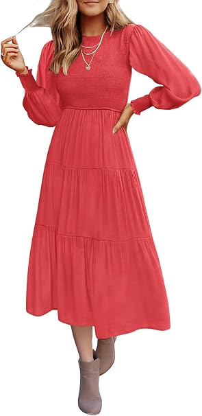 C18 - Women's Casual Long Sleeve Dress Crew Neck Smocked Flowy Tiered A-Line Pleated Midi Dress