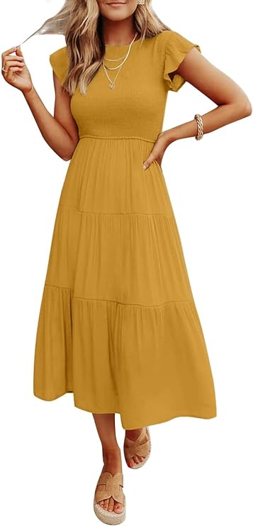 C12 - Women's Summer Casual Midi Dress Boho Flutter Sleeve Crew Neck Smocked Flowy Tiered A-Line Long Beach Dress
