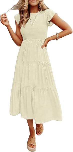C19 - Summer Casual Midi Dress Boho Flutter Sleeve Crew Neck Smocked Flowy Tiered A-Line Long Beach Dress