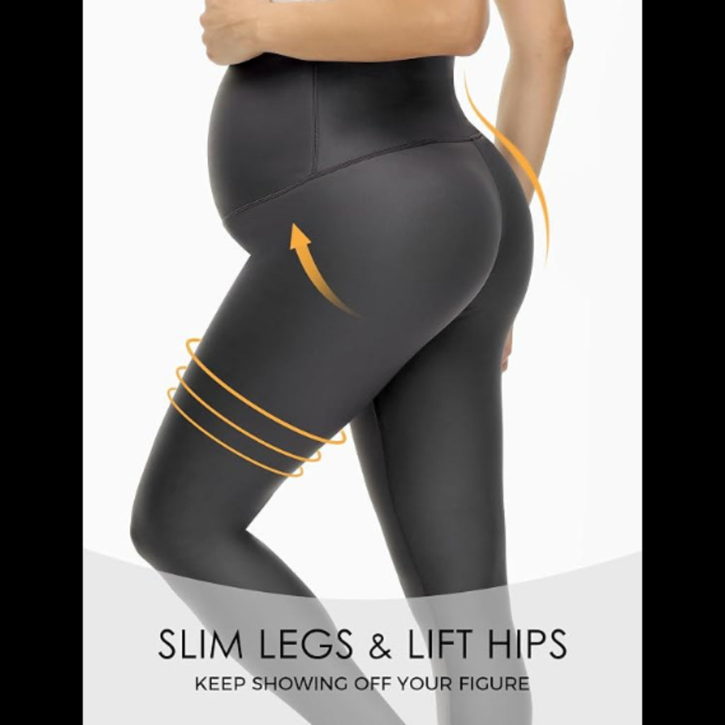 C22 - HOFISH Faux Leather Leggings Over The Belly High Waist Yoga Pants Workout Leggings Comfy Tights 2Pack Black Small