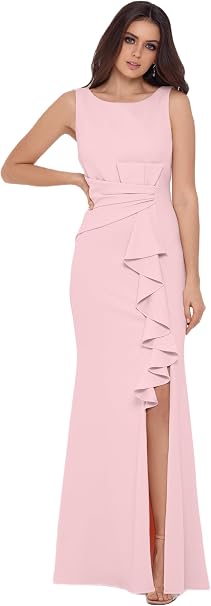 C22 - Betsy & Adam Women's Long Sleeveless Boat Neck Ruffle Side Slit Scuba Crepe Gown