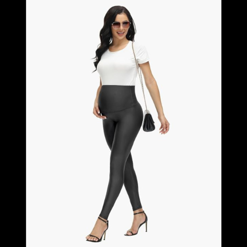 C22 - HOFISH Faux Leather Leggings Over The Belly High Waist Yoga Pants Workout Leggings Comfy Tights 2Pack Black Small