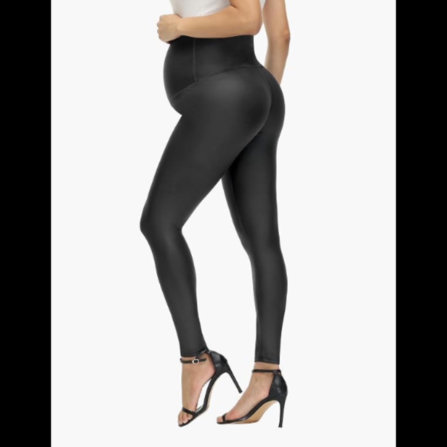 C22 - HOFISH Faux Leather Leggings Over The Belly High Waist Yoga Pants Workout Leggings Comfy Tights 2Pack Black Small