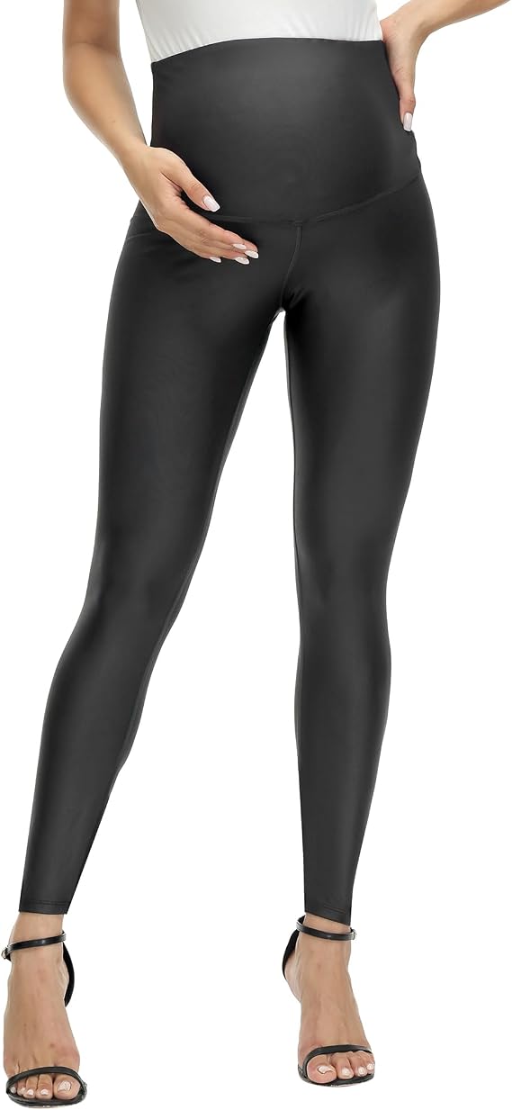 C22 - HOFISH Faux Leather Leggings Over The Belly High Waist Yoga Pants Workout Leggings Comfy Tights 2Pack Black Small