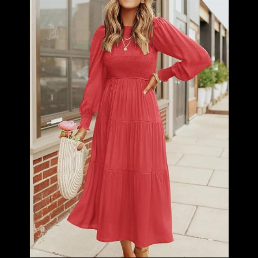C18 - Women's Casual Long Sleeve Dress Crew Neck Smocked Flowy Tiered A-Line Pleated Midi Dress