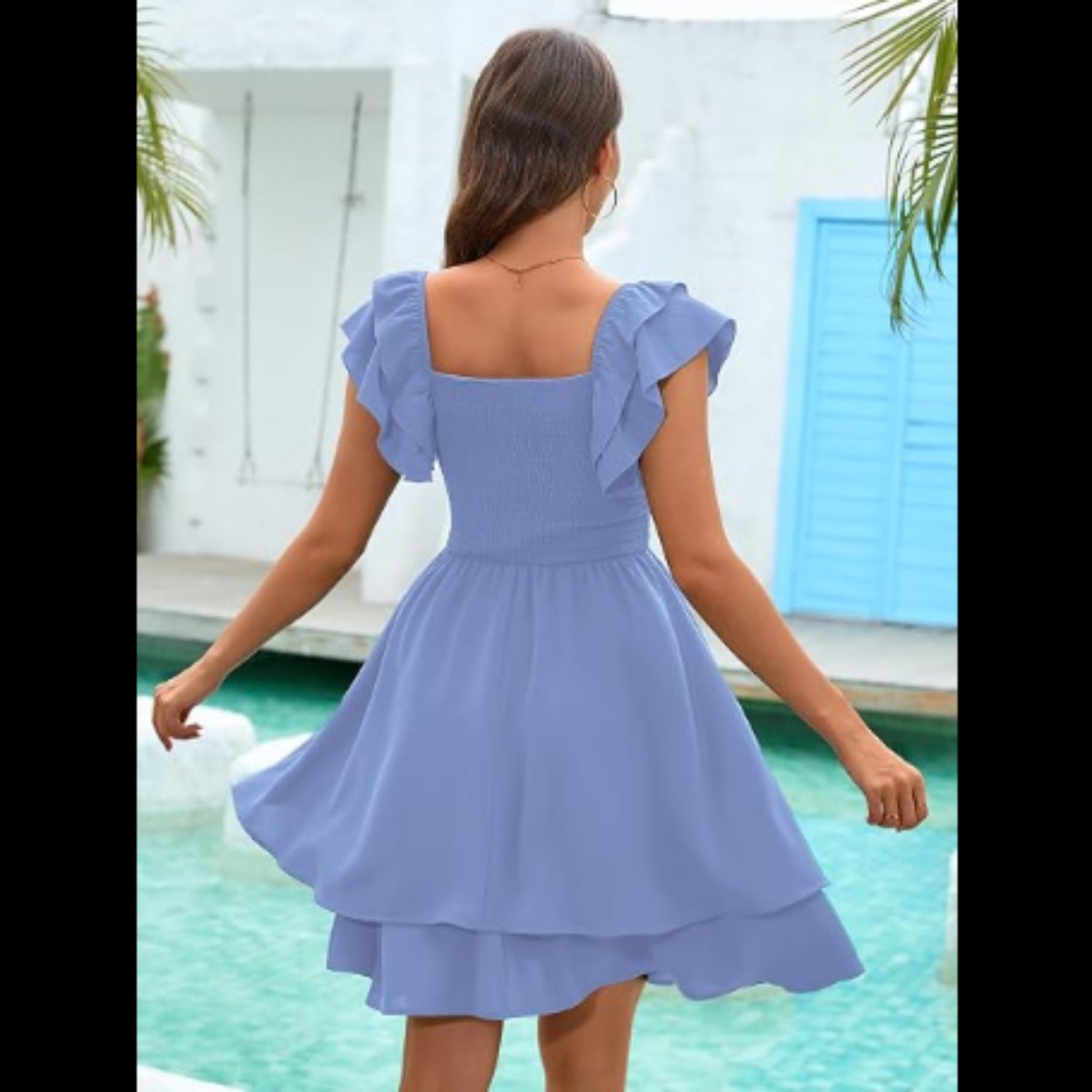 C46 - CICIDUDU Women's Summer Dress Casual Wrap V Neck Flutter Sleeve Double Layer Ruffle Wedding Guest Short Mini Dresses