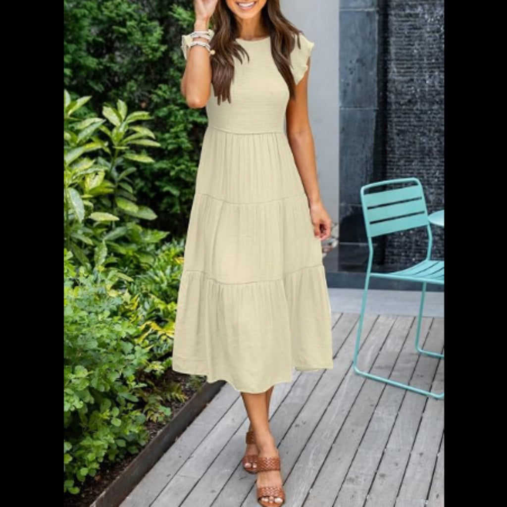 C19 - Summer Casual Midi Dress Boho Flutter Sleeve Crew Neck Smocked Flowy Tiered A-Line Long Beach Dress