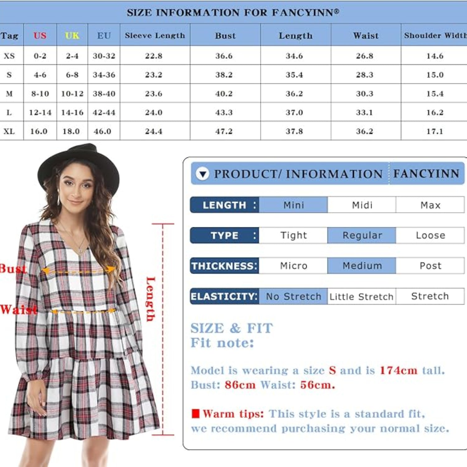 C10 - FANCYINN Womens Buffalo Plaid Shift Tunic Dress Long Sleeve Ruffle Hem Vneck Casual Swing Babydoll Mini Dress with Pockets
