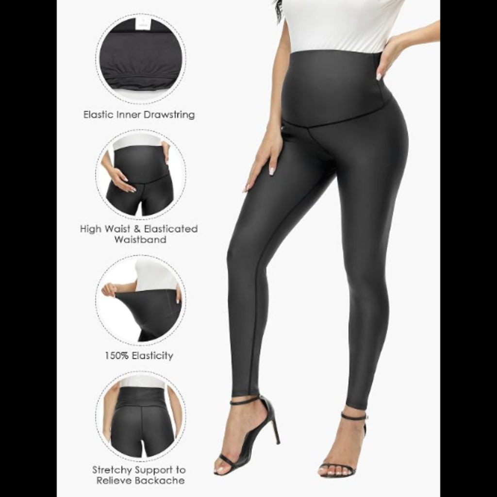 C22 - HOFISH Faux Leather Leggings Over The Belly High Waist Yoga Pants Workout Leggings Comfy Tights 2Pack Black Small