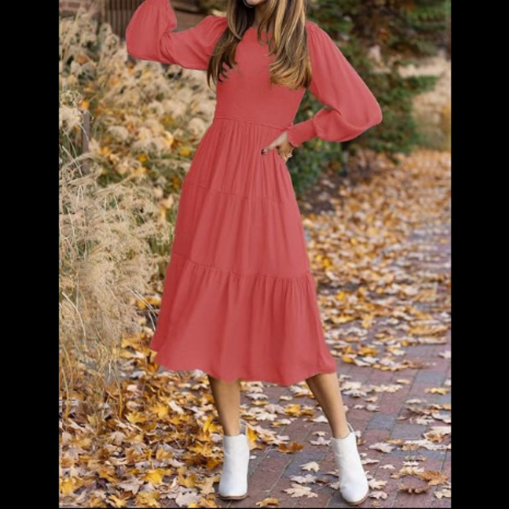 C18 - Women's Casual Long Sleeve Dress Crew Neck Smocked Flowy Tiered A-Line Pleated Midi Dress