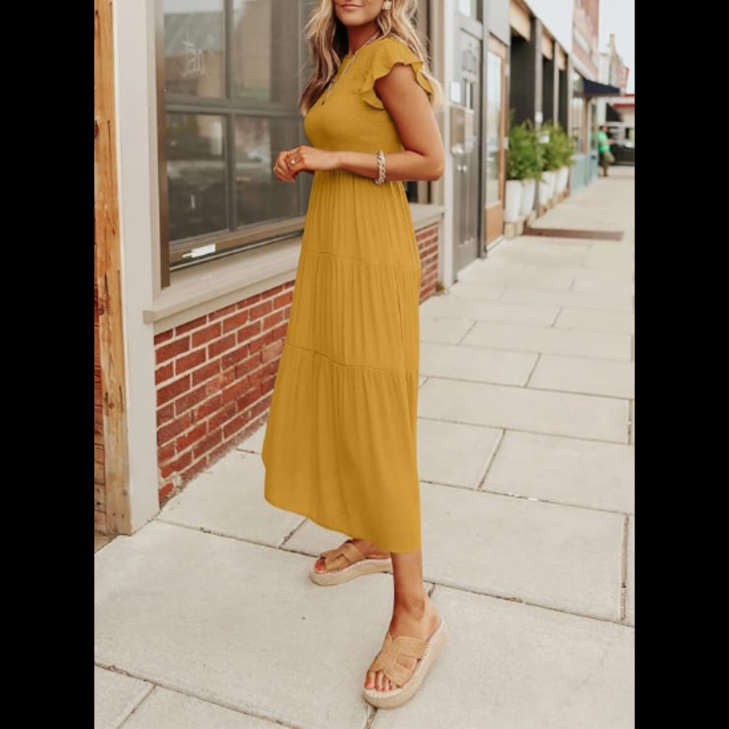 C12 - Women's Summer Casual Midi Dress Boho Flutter Sleeve Crew Neck Smocked Flowy Tiered A-Line Long Beach Dress
