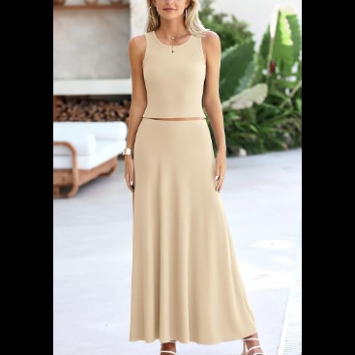 C26 - PRETTYGARDEN Women's 2 Piece Maxi Skirt Sets Casual Summer Knit Cropped Tank Top High Waisted Long Skirts Outfit