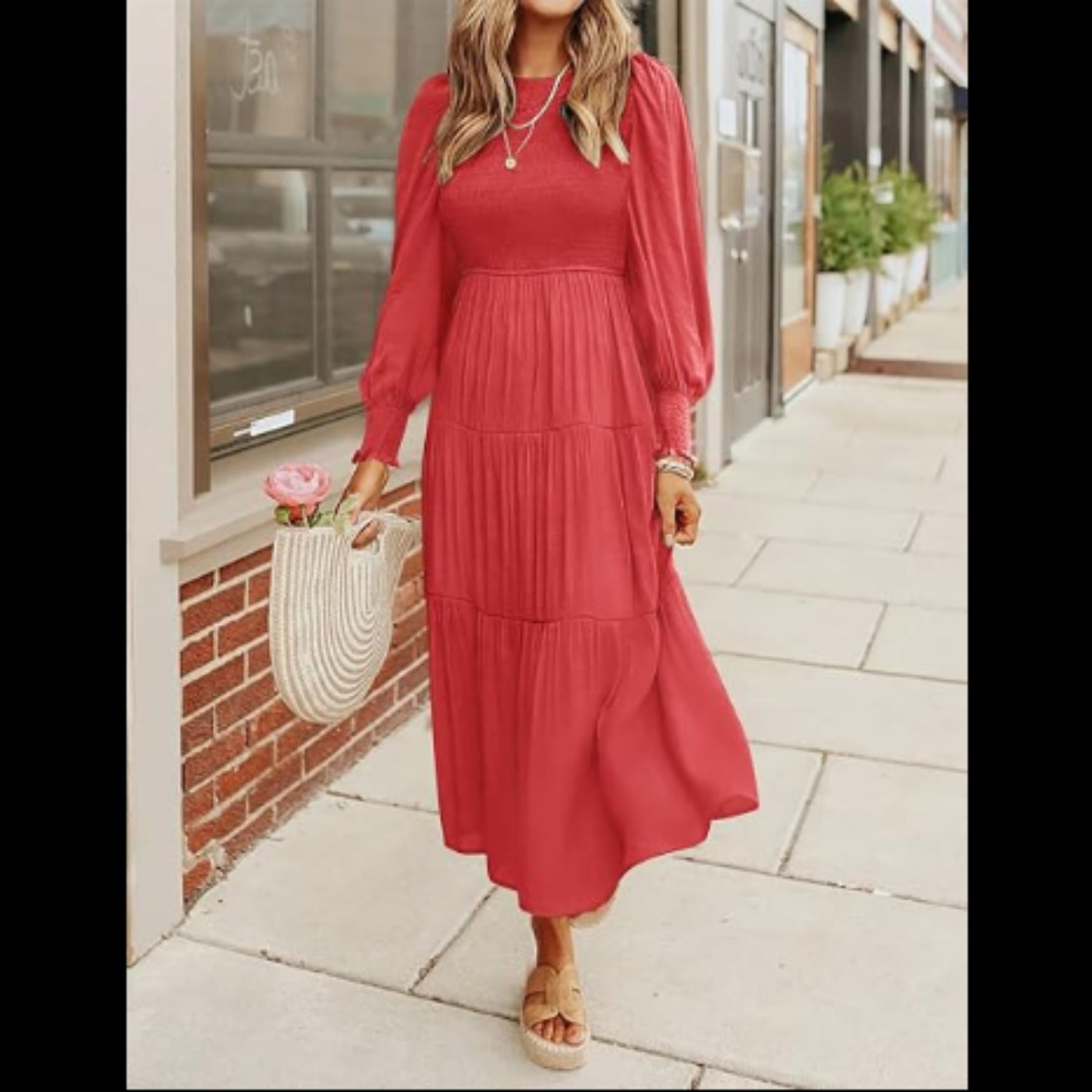 C18 - Women's Casual Long Sleeve Dress Crew Neck Smocked Flowy Tiered A-Line Pleated Midi Dress