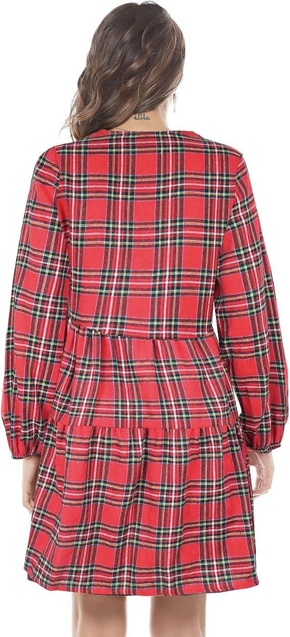 C10 - FANCYINN Womens Buffalo Plaid Shift Tunic Dress Long Sleeve Ruffle Hem Vneck Casual Swing Babydoll Mini Dress with Pockets