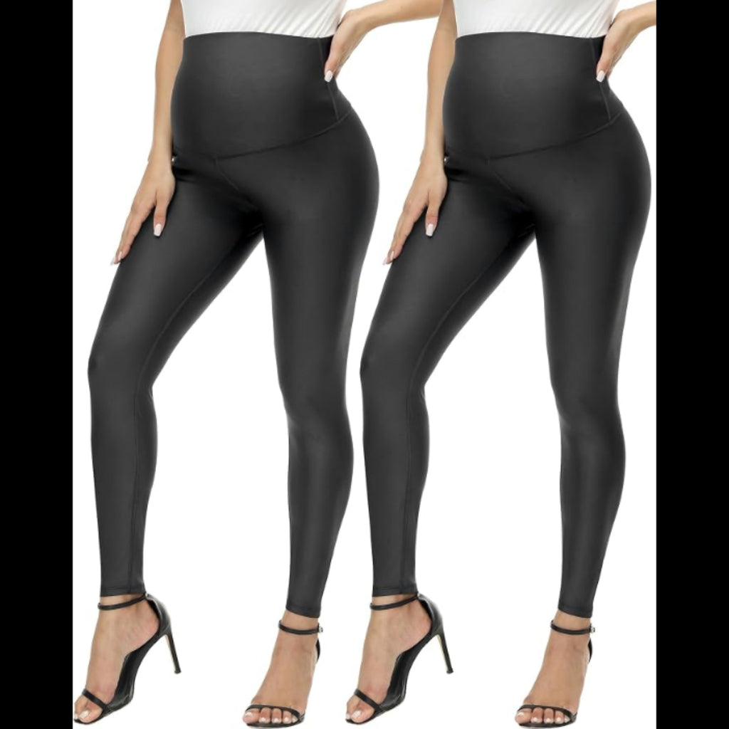 C22 - HOFISH Faux Leather Leggings Over The Belly High Waist Yoga Pants Workout Leggings Comfy Tights 2Pack Black Small
