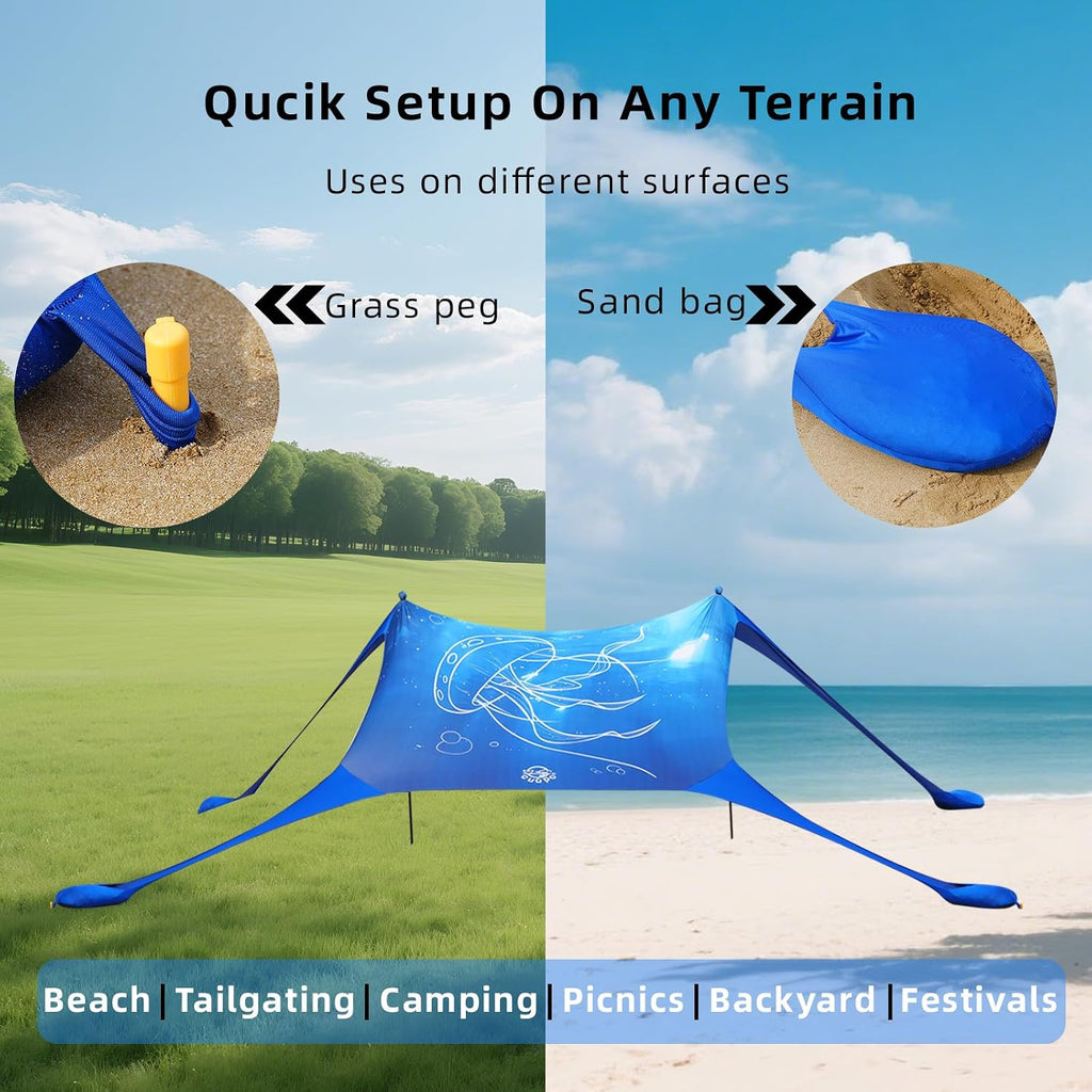 H8 - 3D Printing Beach Canopy Tent Sun Shade with UPF 50+ UV Protection, 7x6 FT Tent Sun Shelter Pop Up 2 Poles Outdoor Shelter for Beach, Camping, Fishing, Backyard and Picnics