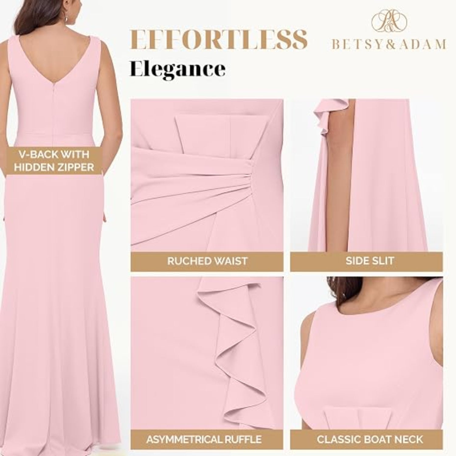 C22 - Betsy & Adam Women's Long Sleeveless Boat Neck Ruffle Side Slit Scuba Crepe Gown
