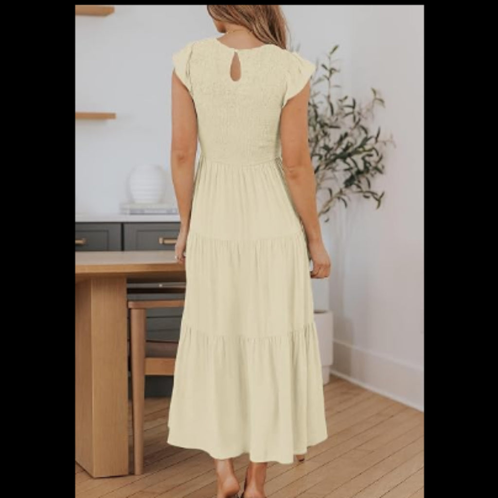 C19 - Summer Casual Midi Dress Boho Flutter Sleeve Crew Neck Smocked Flowy Tiered A-Line Long Beach Dress