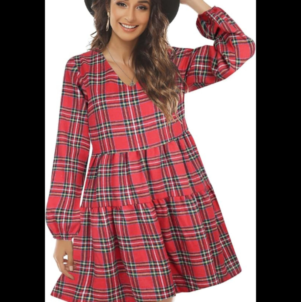 C10 - FANCYINN Womens Buffalo Plaid Shift Tunic Dress Long Sleeve Ruffle Hem Vneck Casual Swing Babydoll Mini Dress with Pockets