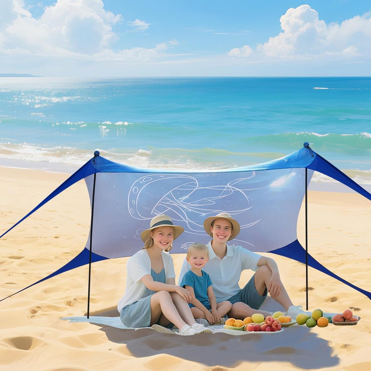 H8 - 3D Printing Beach Canopy Tent Sun Shade with UPF 50+ UV Protection, 7x6 FT Tent Sun Shelter Pop Up 2 Poles Outdoor Shelter for Beach, Camping, Fishing, Backyard and Picnics