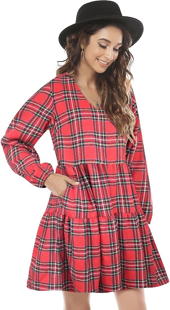 C10 - FANCYINN Womens Buffalo Plaid Shift Tunic Dress Long Sleeve Ruffle Hem Vneck Casual Swing Babydoll Mini Dress with Pockets