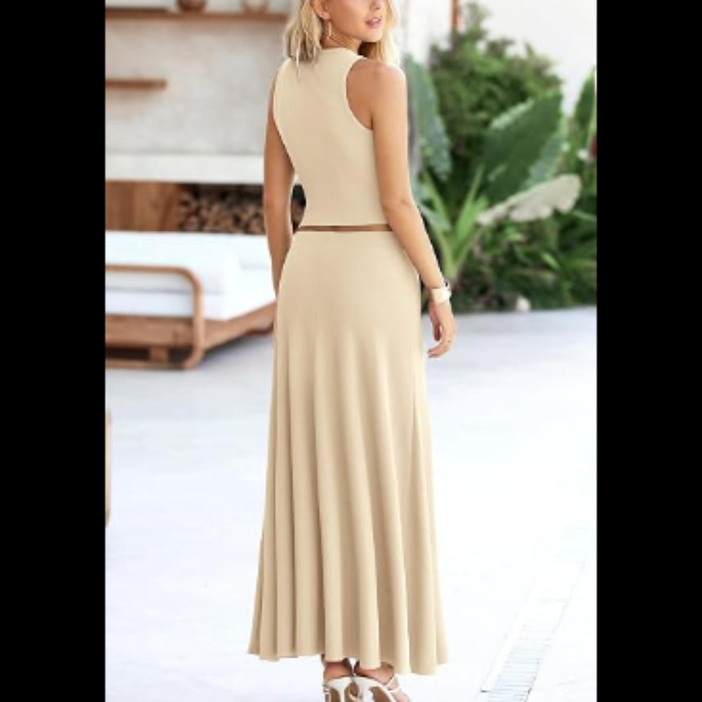 C26 - PRETTYGARDEN Women's 2 Piece Maxi Skirt Sets Casual Summer Knit Cropped Tank Top High Waisted Long Skirts Outfit