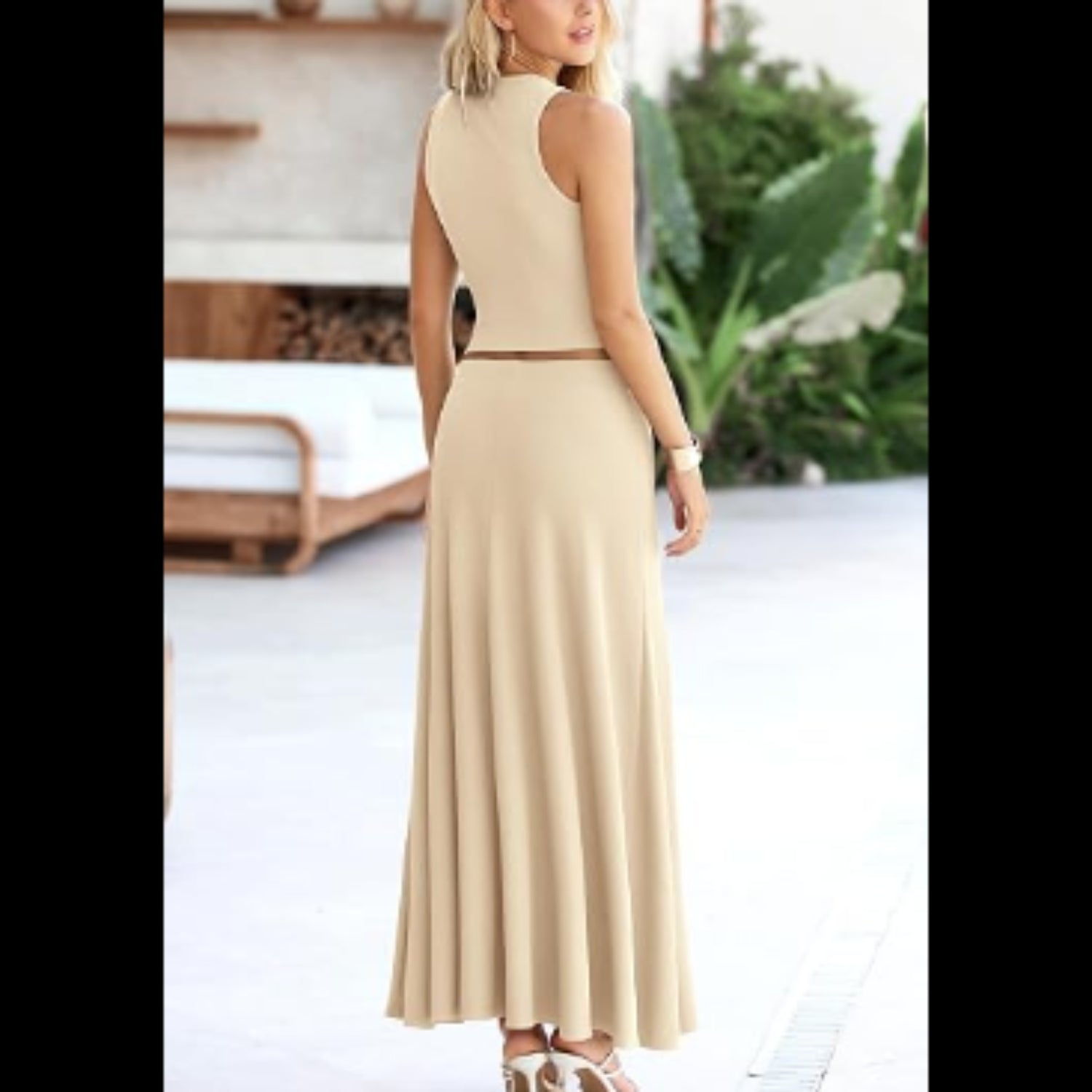 C26 - PRETTYGARDEN Women's 2 Piece Maxi Skirt Sets Casual Summer Knit Cropped Tank Top High Waisted Long Skirts Outfit