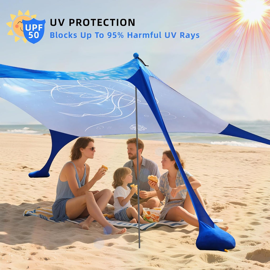 H8 - 3D Printing Beach Canopy Tent Sun Shade with UPF 50+ UV Protection, 7x6 FT Tent Sun Shelter Pop Up 2 Poles Outdoor Shelter for Beach, Camping, Fishing, Backyard and Picnics