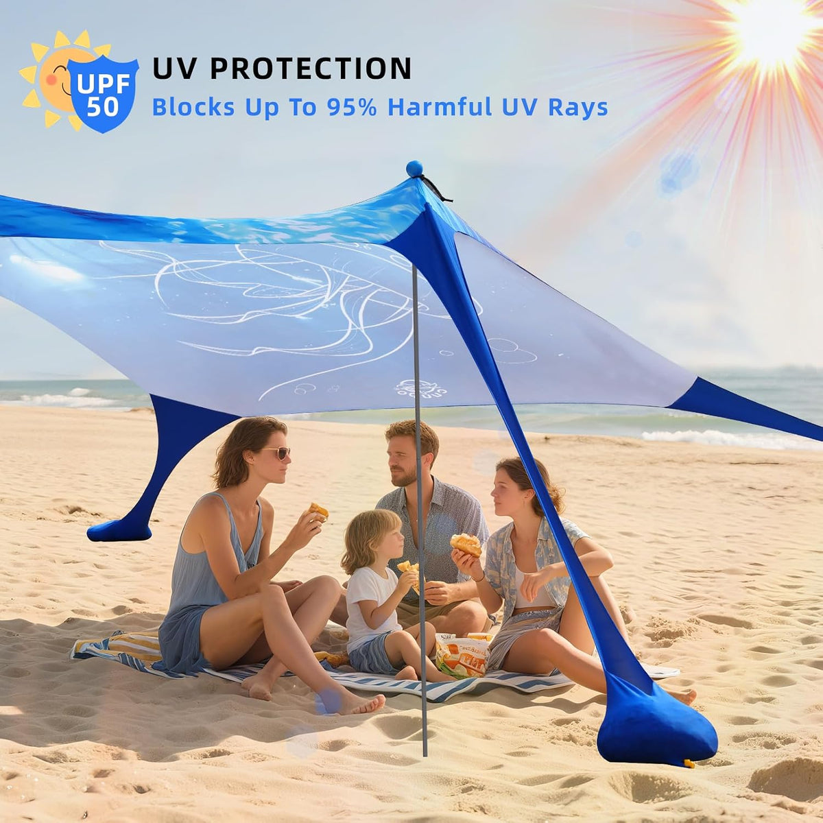 H8 - 3D Printing Beach Canopy Tent Sun Shade with UPF 50+ UV Protection, 7x6 FT Tent Sun Shelter Pop Up 2 Poles Outdoor Shelter for Beach, Camping, Fishing, Backyard and Picnics