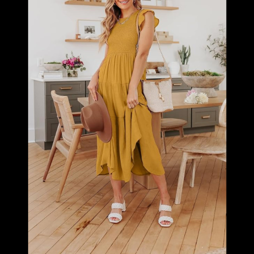 C12 - Women's Summer Casual Midi Dress Boho Flutter Sleeve Crew Neck Smocked Flowy Tiered A-Line Long Beach Dress