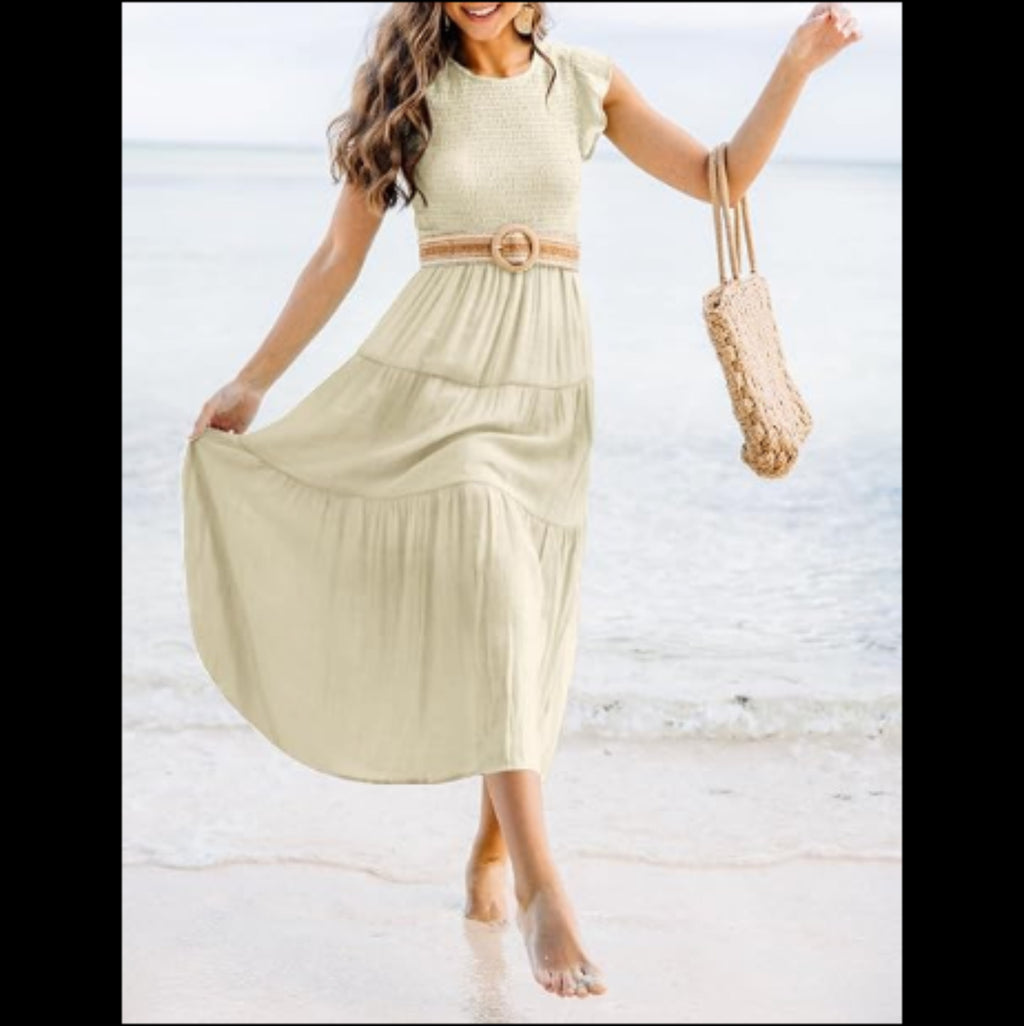 C19 - Summer Casual Midi Dress Boho Flutter Sleeve Crew Neck Smocked Flowy Tiered A-Line Long Beach Dress