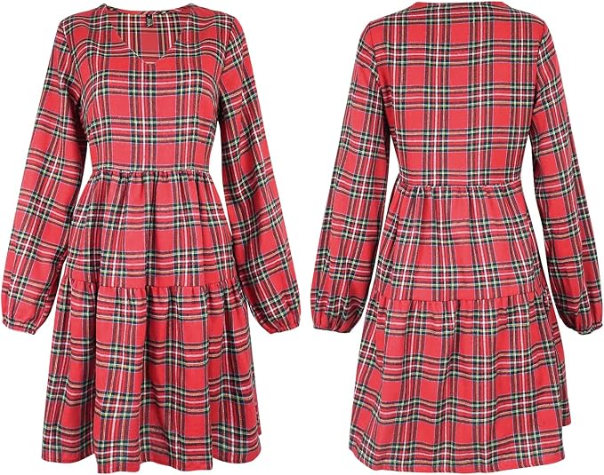 C10 - FANCYINN Womens Buffalo Plaid Shift Tunic Dress Long Sleeve Ruffle Hem Vneck Casual Swing Babydoll Mini Dress with Pockets